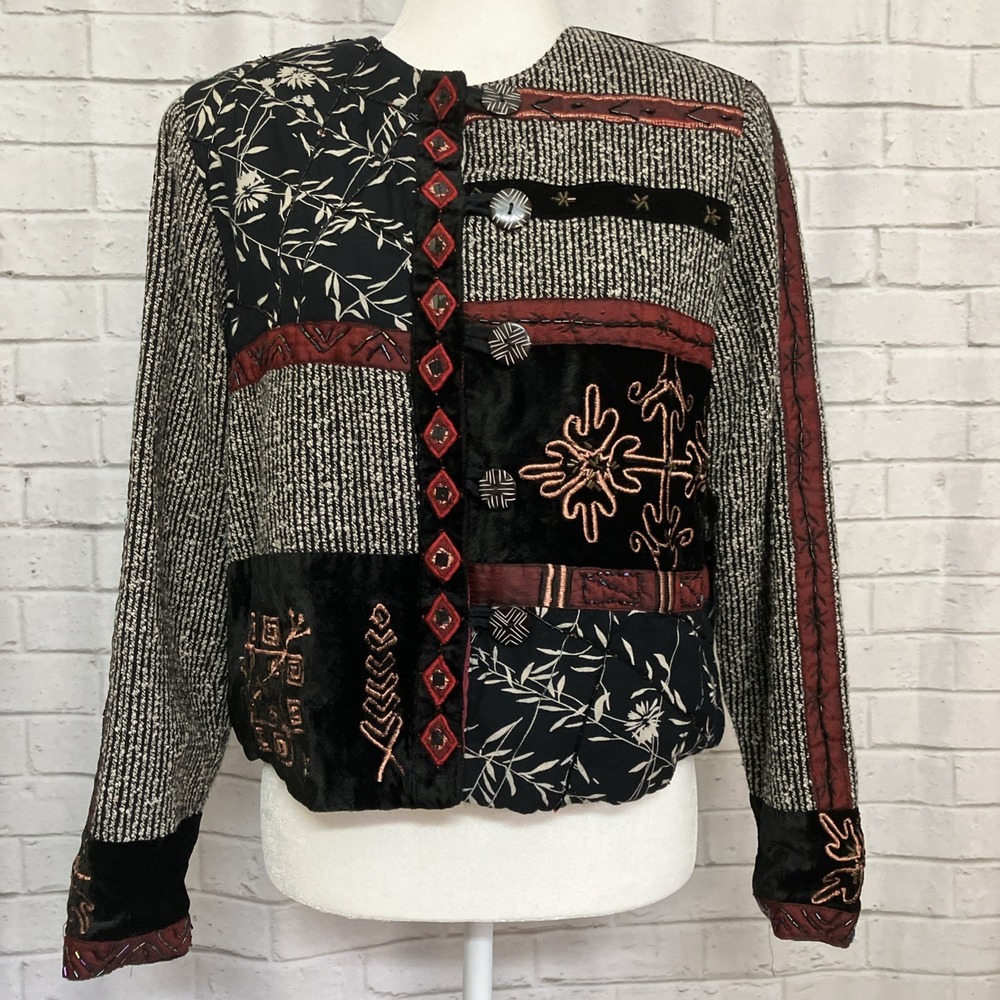 Coldwater Creek Boho Patchwork Beaded Jacket | Small | Floral Black Cream Red